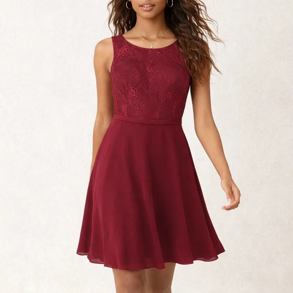 Azazie Lace Sleeveless Mini Dress Dark Red Size 8